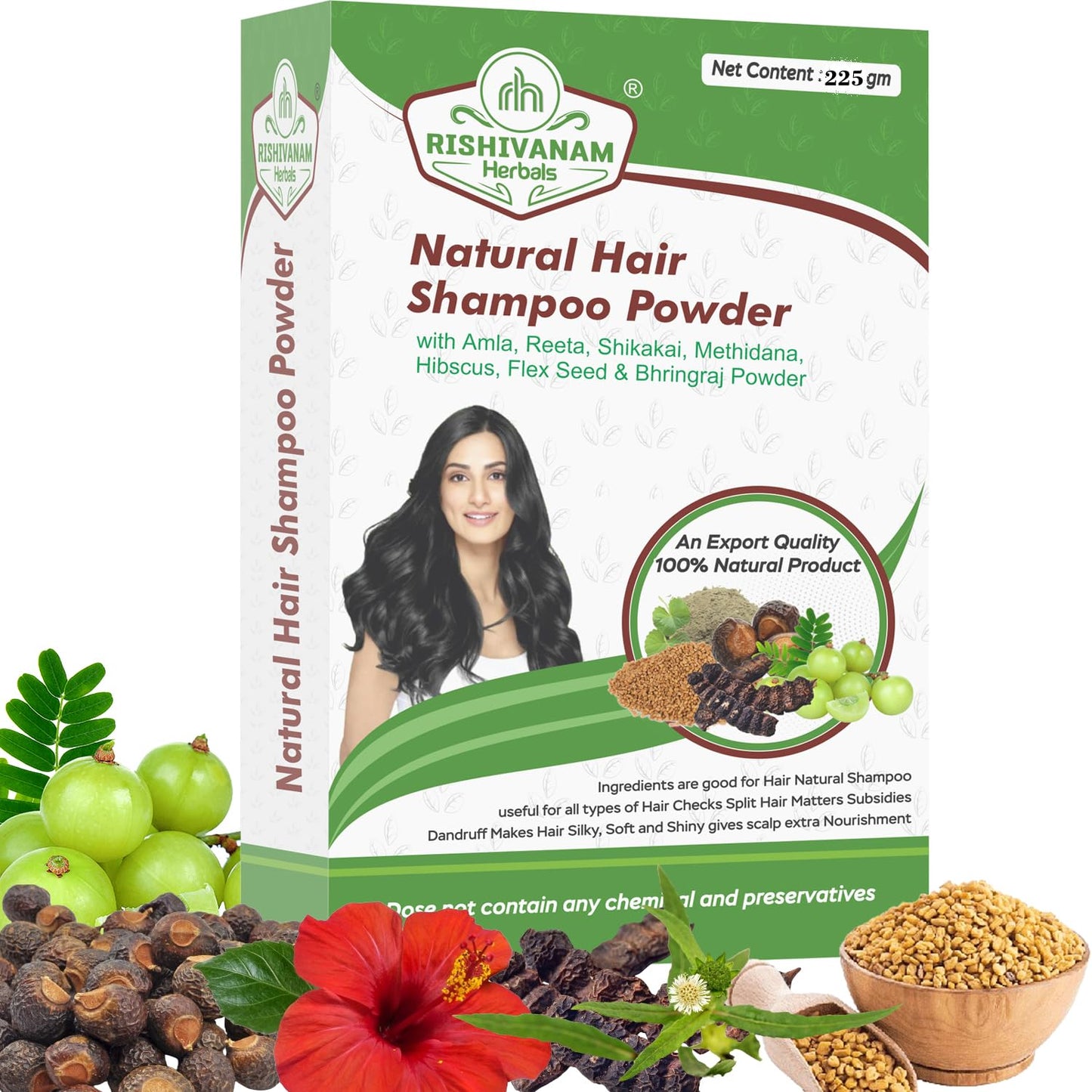 Rishivanam Herbals Dry Shampoo with Herbal Ingredients – Amla, Reetha, Shikakai & Methi Dana Powder | Paraben & Sulphate Free – 225gm (Pack of 1) for Men & Women