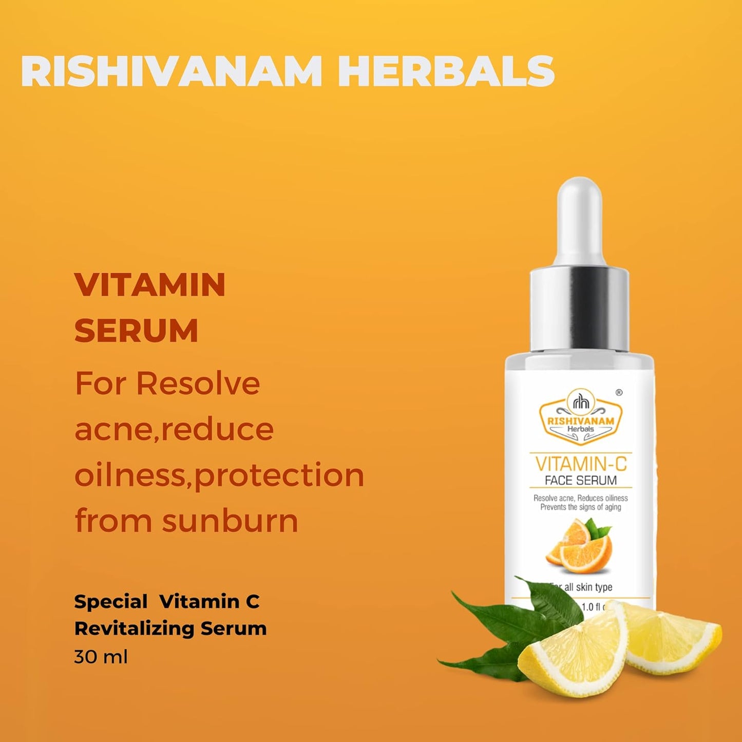 Rishivanam Herbals Vitamin C Daily Glow Face Serum – 30ml for Glowing Skin, Dark Spot Reduction | 50x Vitamin C, Turmeric & Niacinamide, Fragrance-Free