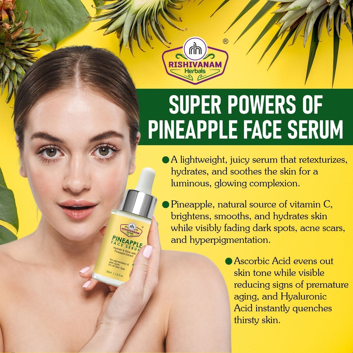 Rishivanam Herbals Pineapple Face Serum – 30ml to Reduce Pigmentation & Dark Spots | Get Glowing Skin