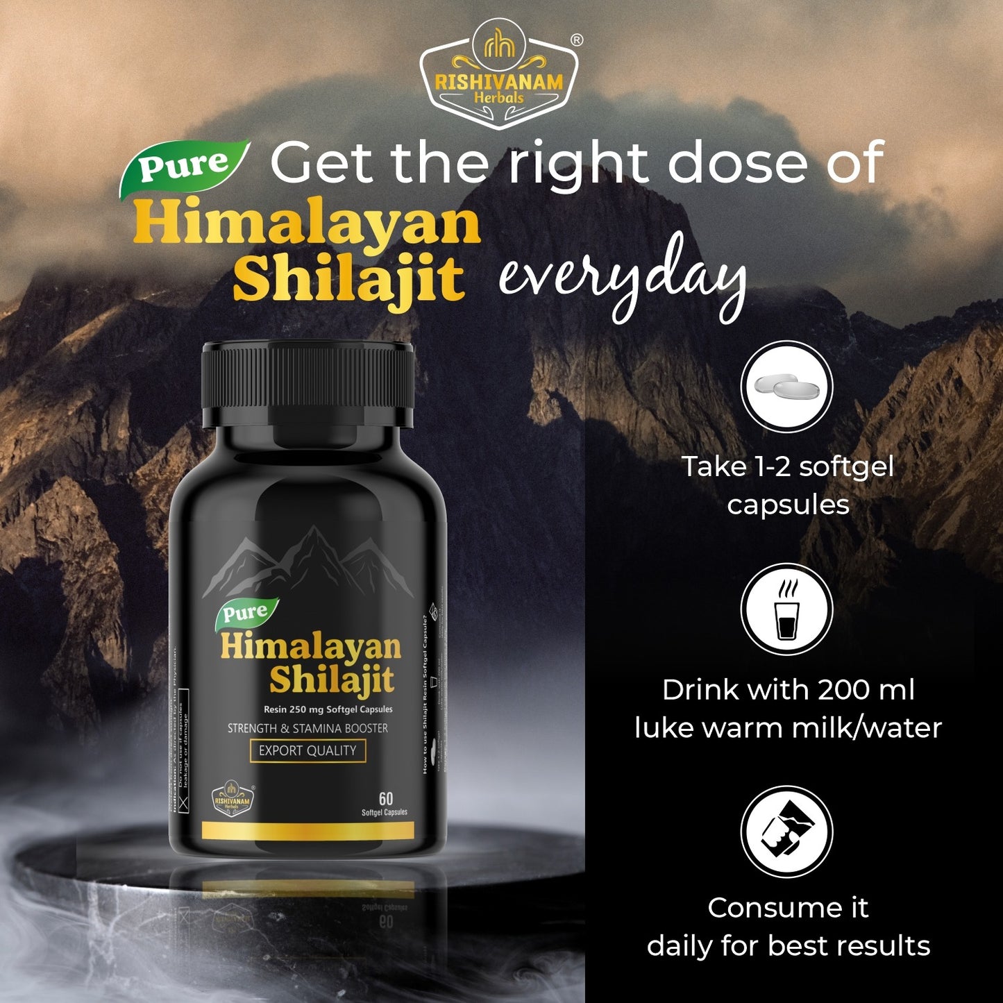 Rishivanam Herbals Shilajit – 100% Pure Himalayan Shilajit | 60 Capsules for Stamina, Energy & Healthy Testosterone Levels